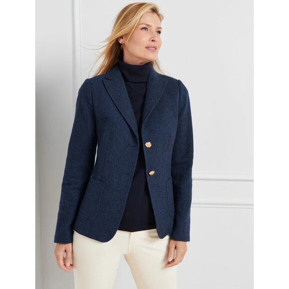 Talbots Classic Shetland Blazer - Herringbone wool blend navy blue sz 2 petite - Picture 1 of 9